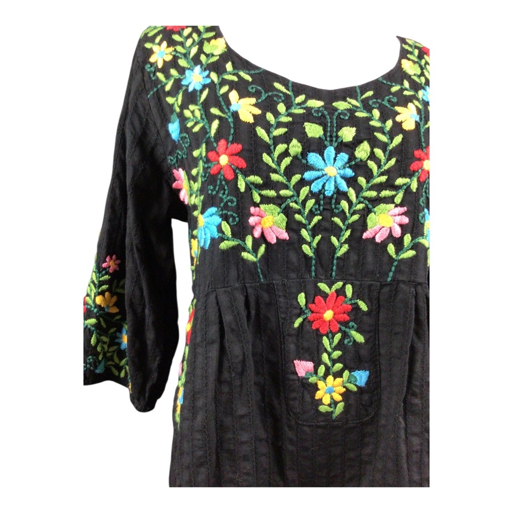 Vintage The Paragon Black Embroidered Floral Tunic Top Large 100% Cotton - Picture 2 of 10